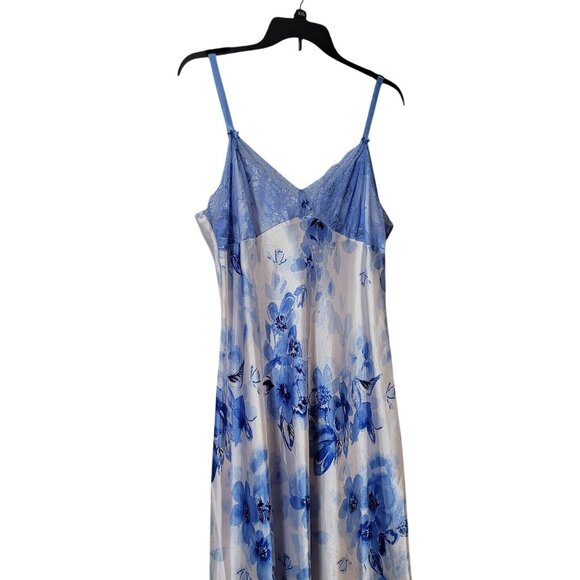 Jones New York Blue Floral Satin Nightgown With Lace Trim Adjustable Straps XL - Picture 7 of 11